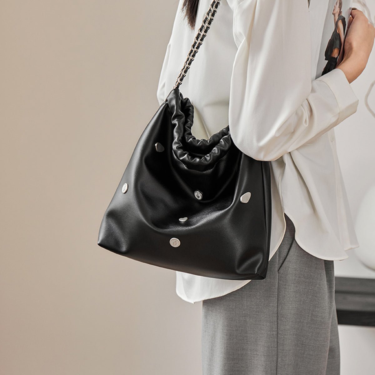Black Rivet Studded Leather Tote Bag - 0cm