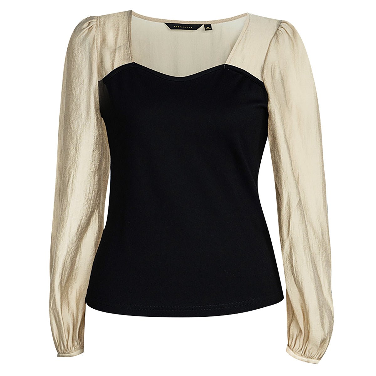 Black Two Tone Lantern Sleeve Blouse   0cm