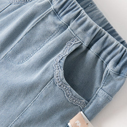 Bowknot Front-slit Girl Lace Detail Blue Jeans - 0cm