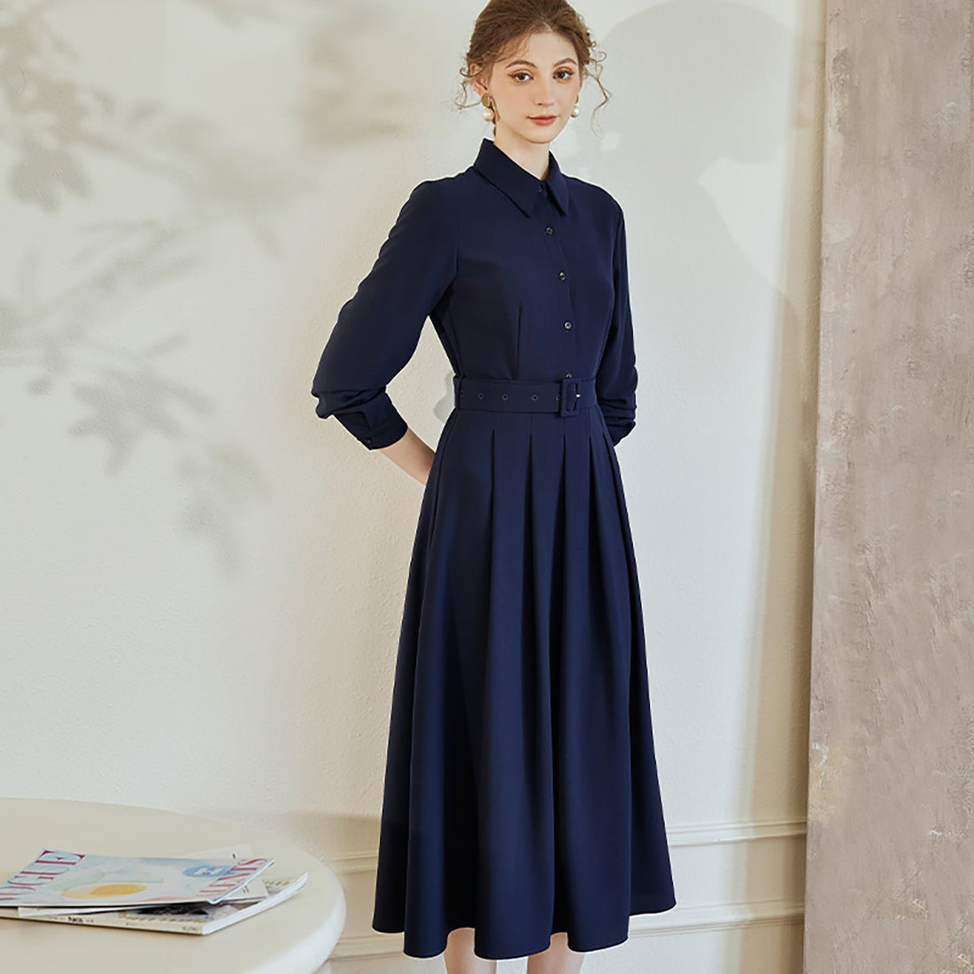 Buttoned Top Pleated Dress in Navy - 0cm