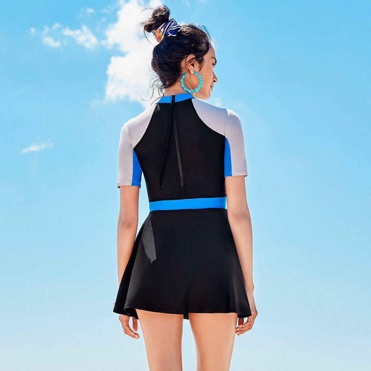 Chimney Collar Contrasting Color Athletes A Line Blue One Piece Swimsuit 0cm