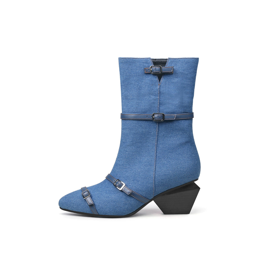 Cross Buckle Straps Denim Blue Ankle Boots - 0cm