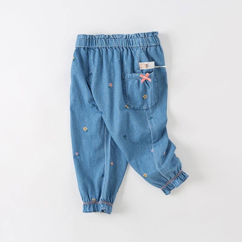 Daisy Embroidery Ribbon Pocket Girl Blue Jeans - 0cm