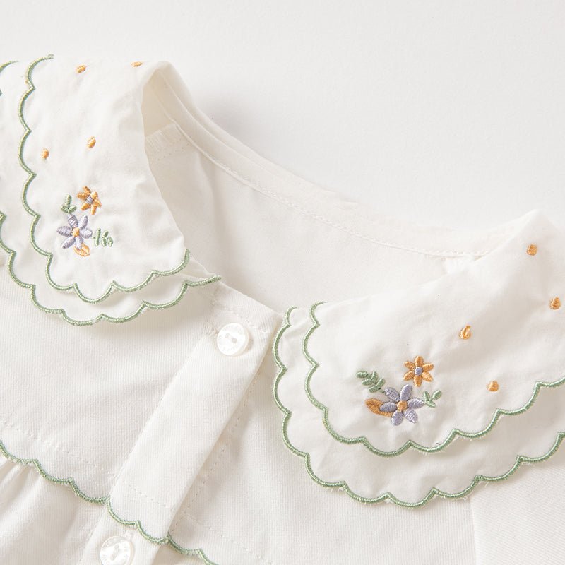 Double Embroidered Collar Girl Green Trim White Shirt - 0cm