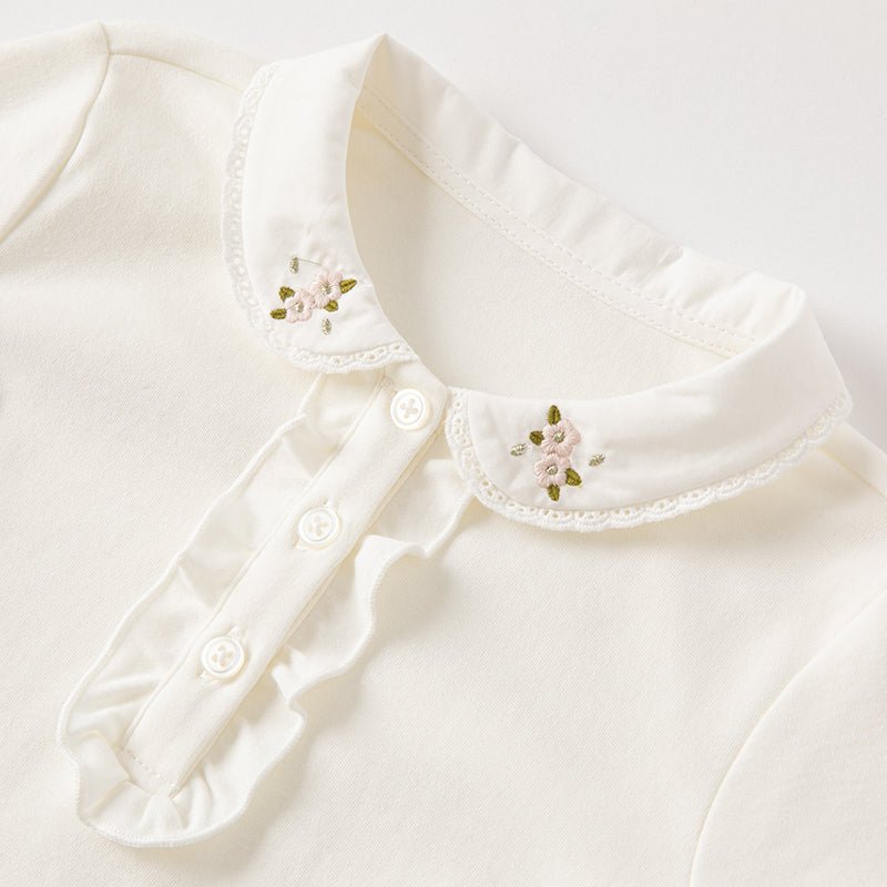 Embellished Flower Ruffled Girl Long Sleeve White Polo - 0cm