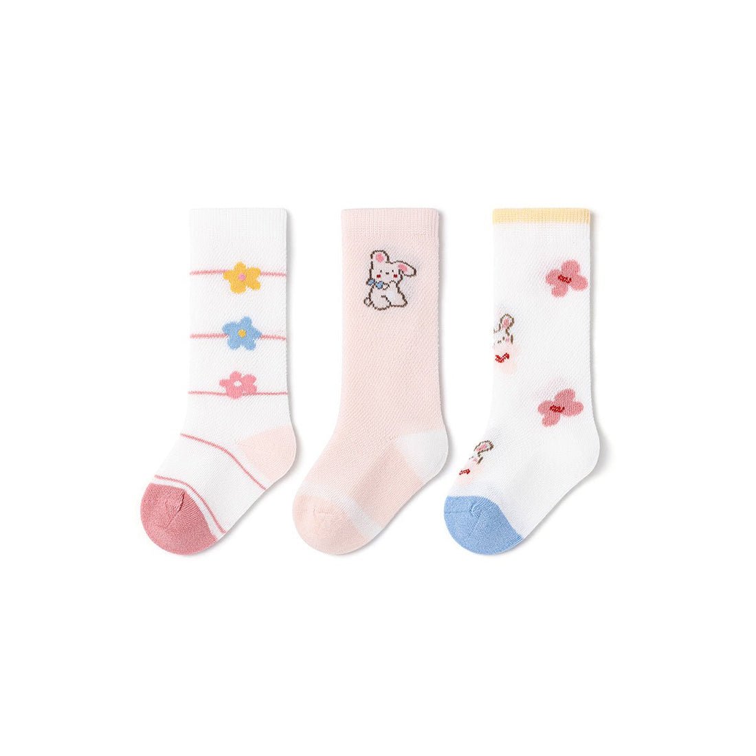 Floral Bunny Thin Mesh Breathable Baby Girl 3pcs Over The Knee Socks Set - 0cm