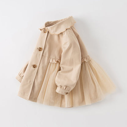 Floral Lining Contrast Mesh Girl Khaki Trench Coat - 0cm