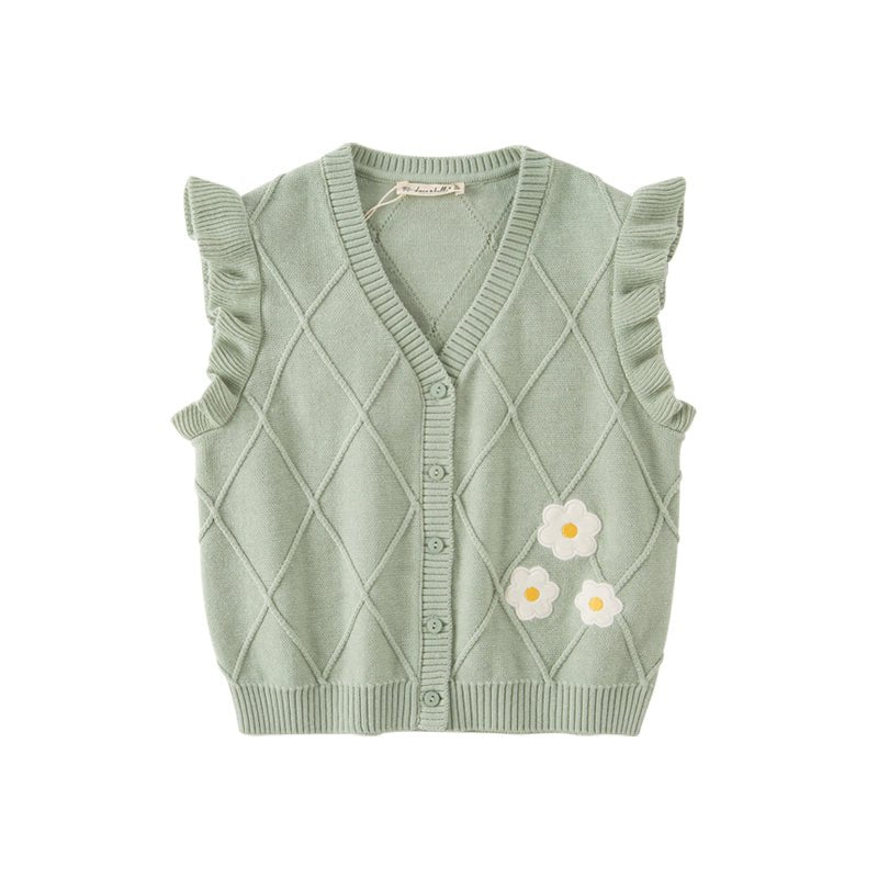 Flower Embroidery Girl Cable Knitted Green Vest - 0cm
