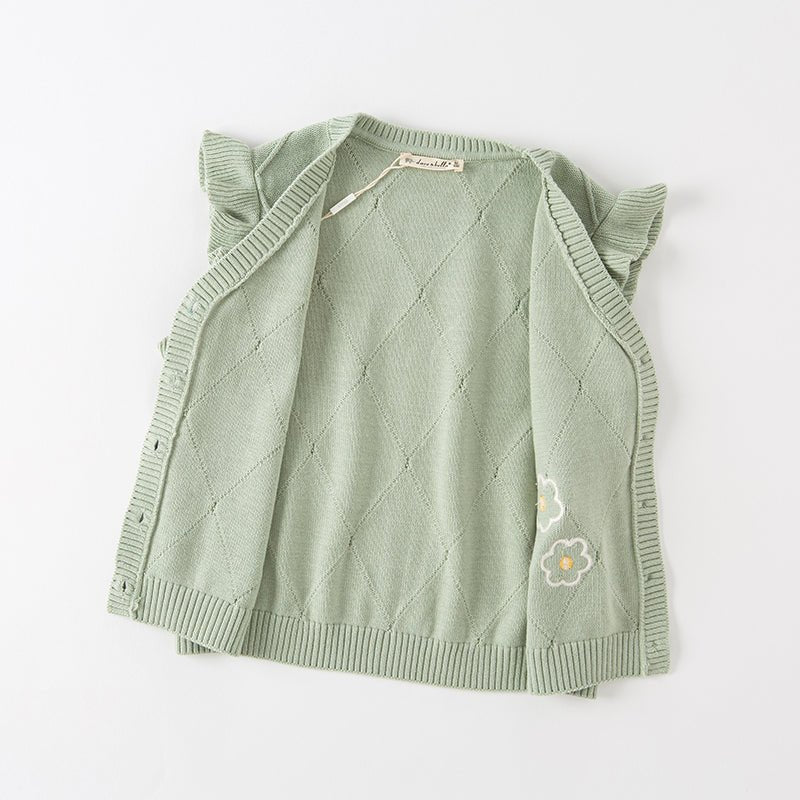 Flower Embroidery Girl Cable Knitted Green Vest - 0cm