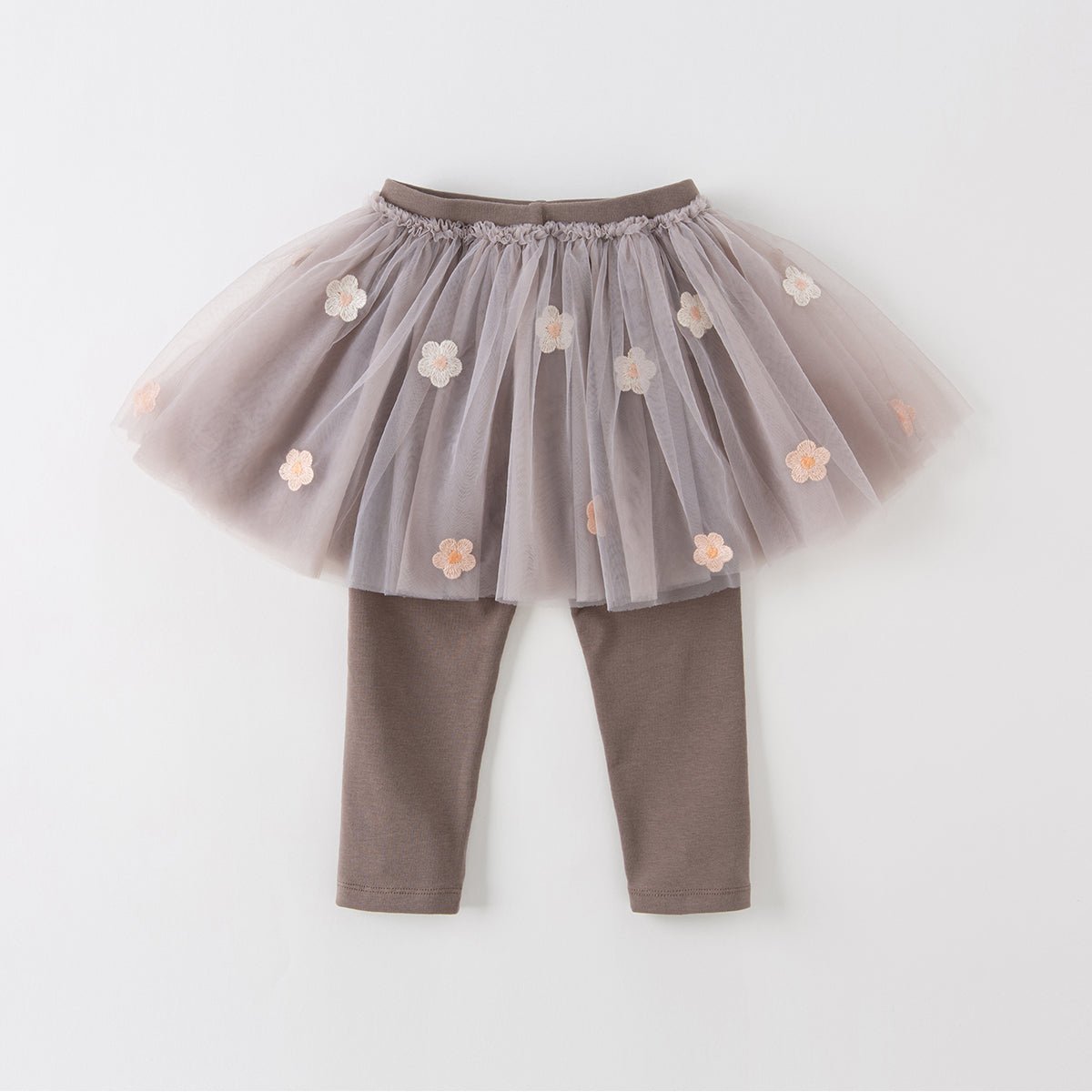 Flower Embroidery Girl Coffee Tutu Skirt Leggings - 0cm
