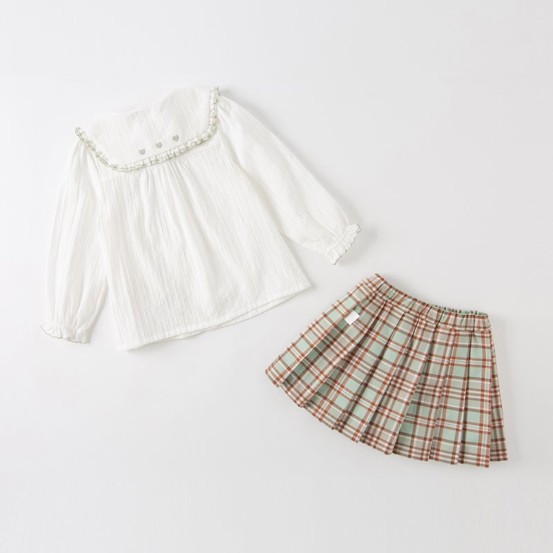 Fresh Spring Girl Two-piece White Creased Effect Shirt &amp; Pleated Plaid Skirt Set - 0cm