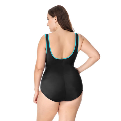 Front Zipper Tummy Control Plus Size Blue One Piece Swimsuit - 0cm