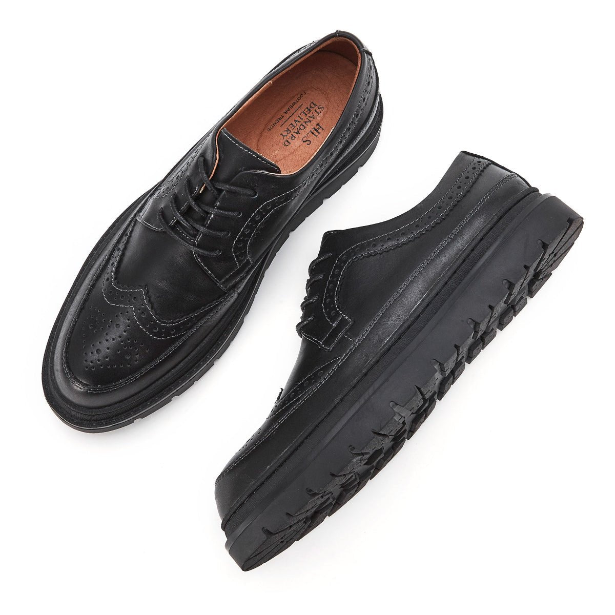 Full Scene Punch Hole Detailed Brogue Lace Up Black Leather Shoes - 0cm