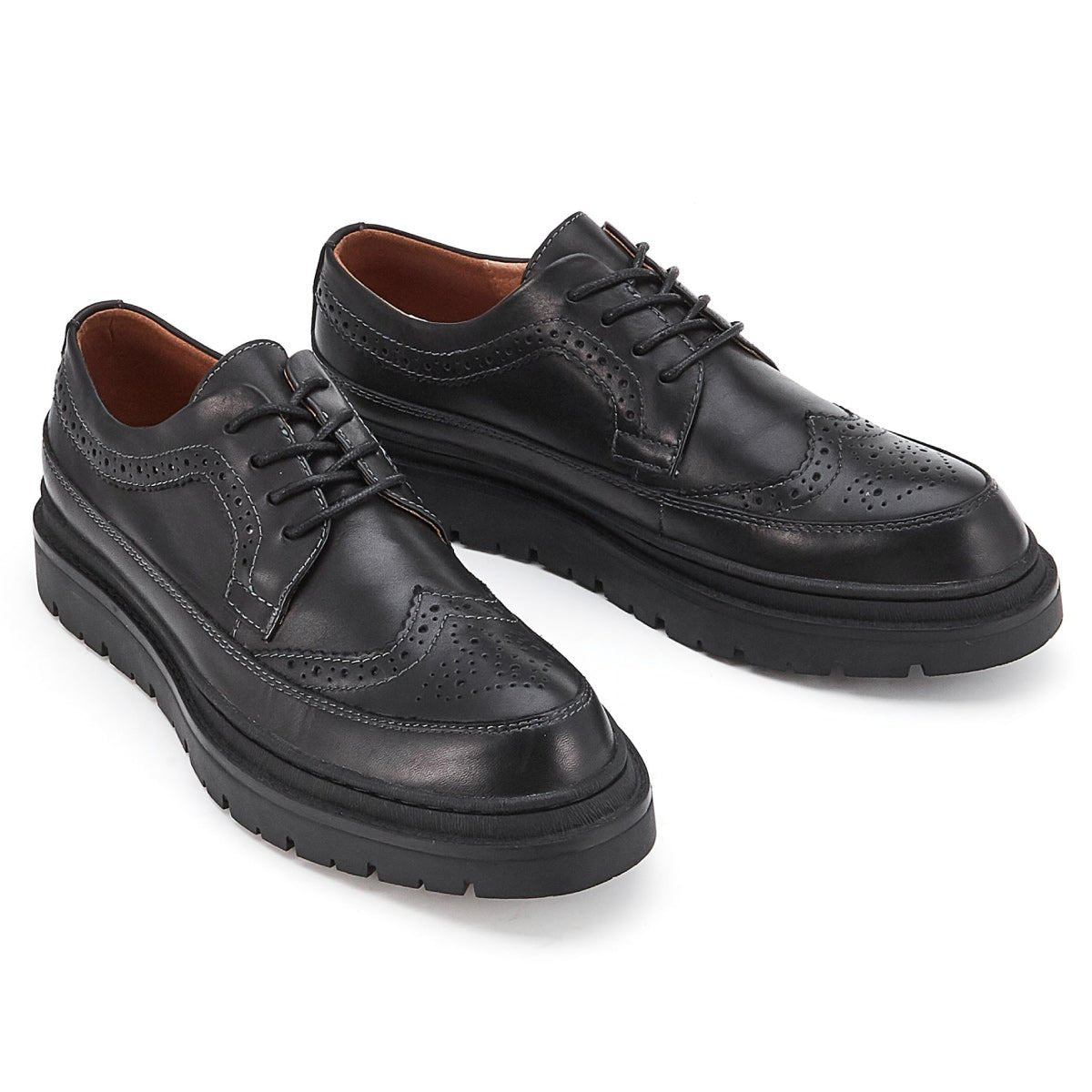 Full Scene Punch Hole Detailed Brogue Lace Up Black Leather Shoes - 0cm