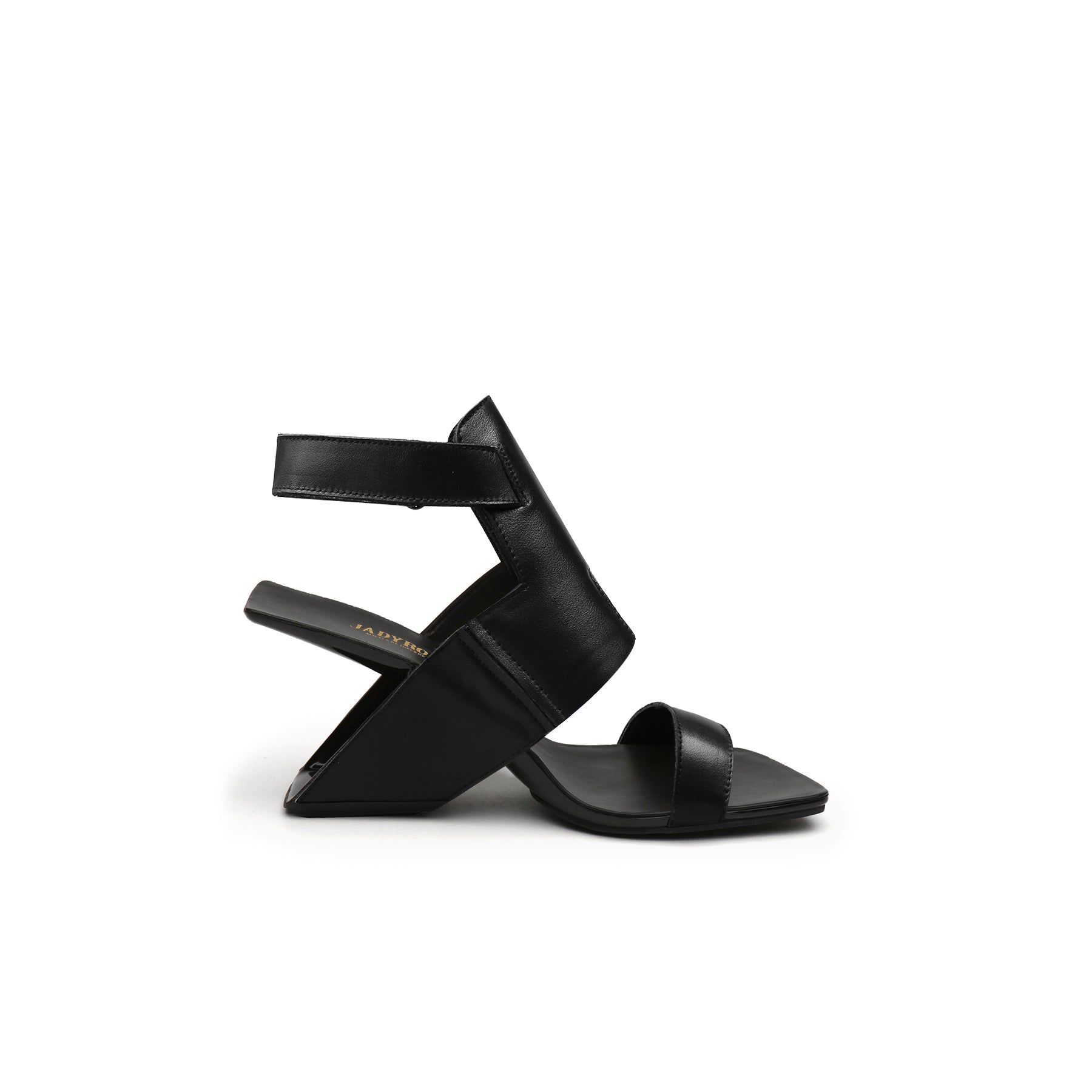 Hollow Heels Ankle Strap Mixing Color Calf Leather Black Sandals