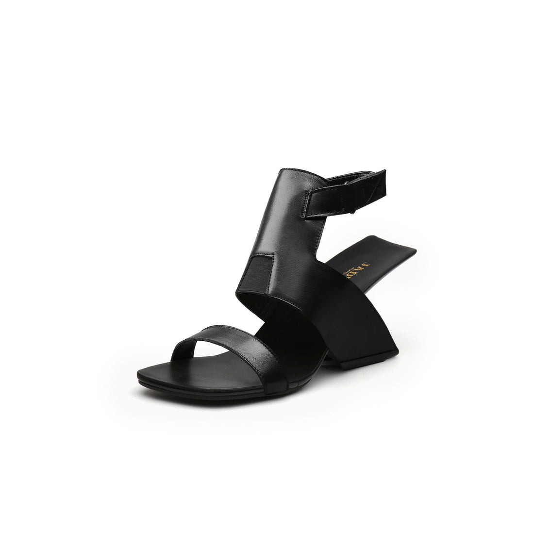 Hollow Heels Ankle Strap Mixing Color Calf Leather Black Sandals