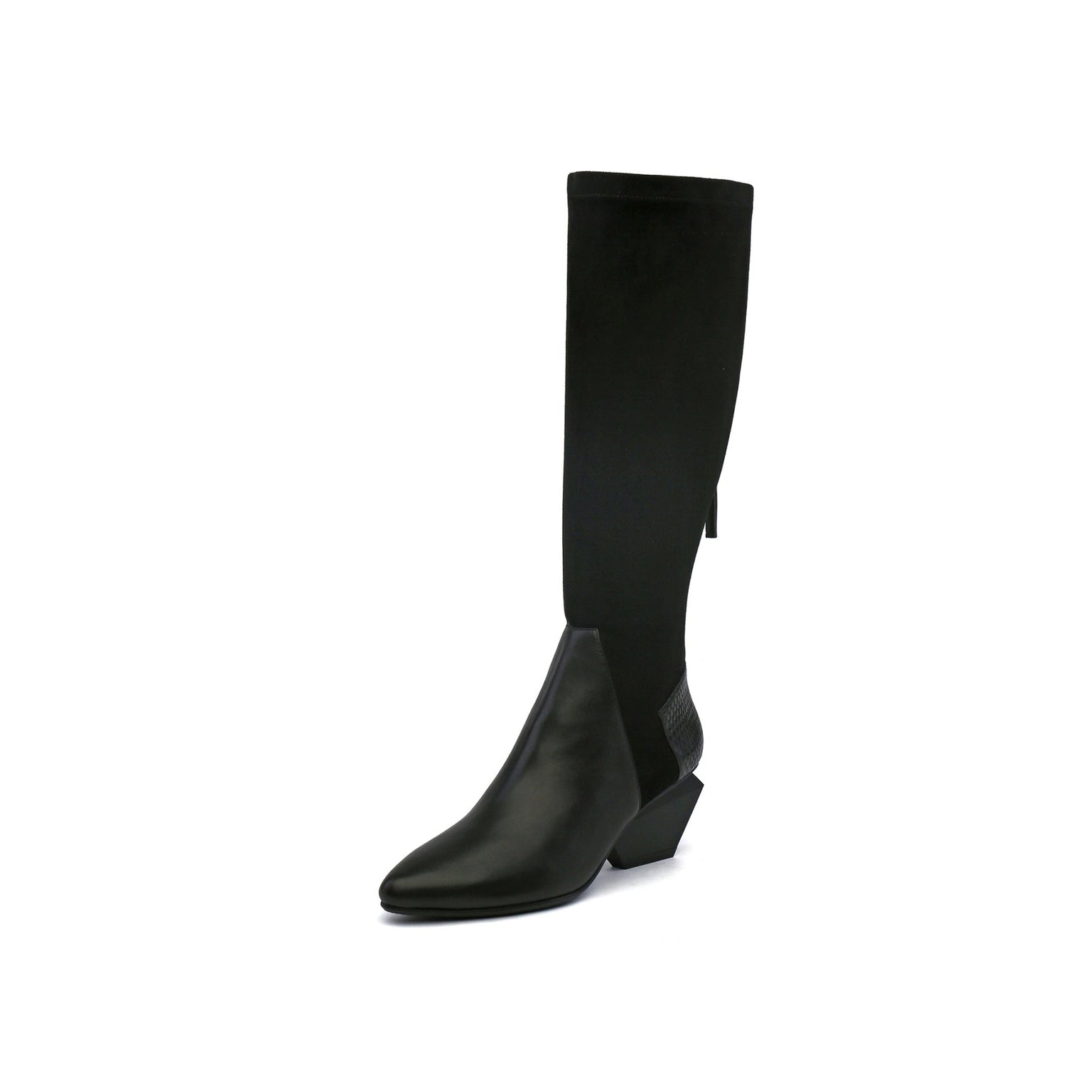 Leather Patchwork Knee Length Slim Fit Diamond Heeled Black Boots