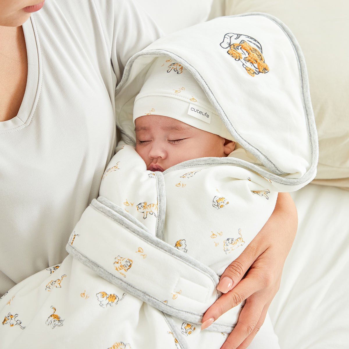 Lively Tiger Comfort Cotton Baby White Swaddle Wrap - 0cm
