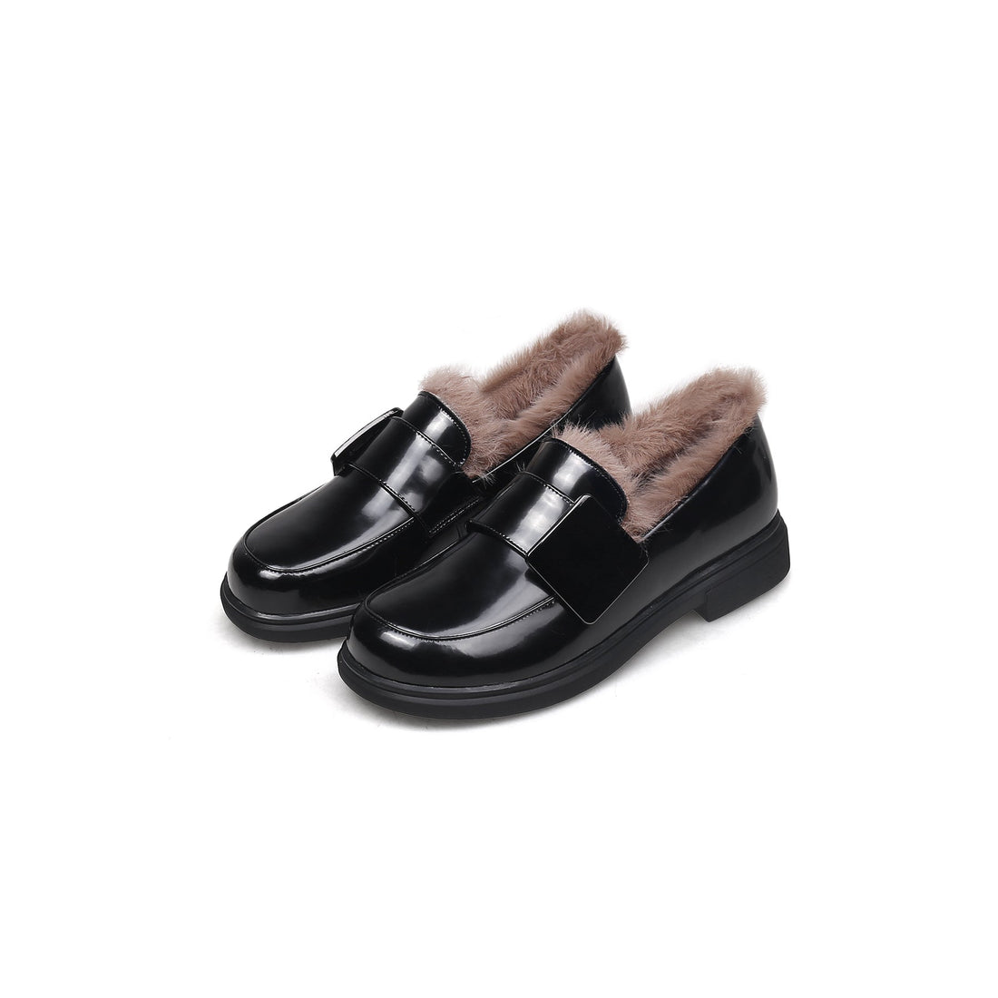 Metal Patch Black Fur Loafers - 0cm