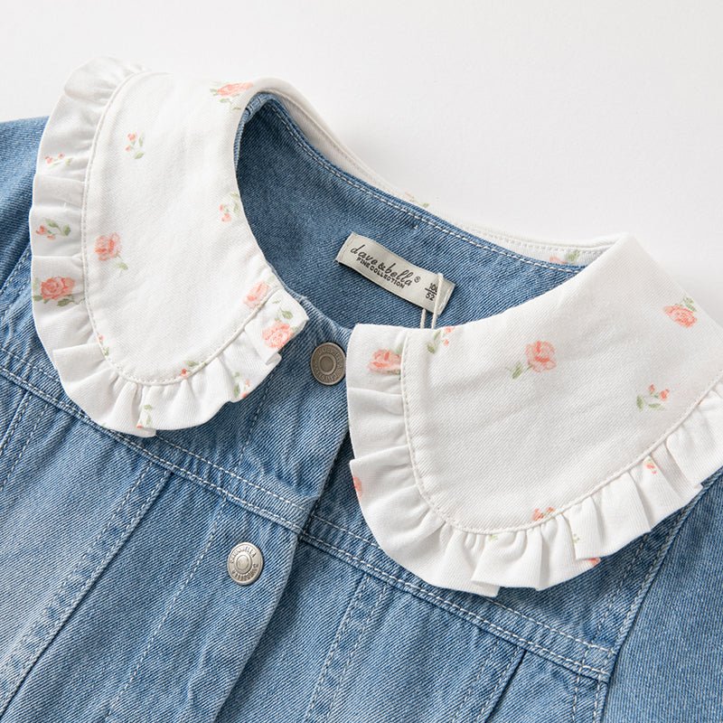 Mushroom Flower Embroidery Girl Removable Shirt Collar Blue Denim Jacket - 0cm