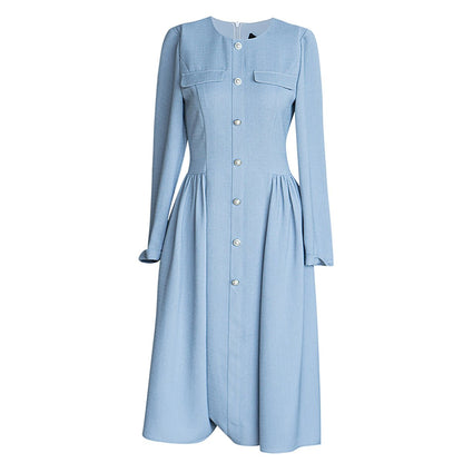 Pearl Button Blue Midi Dress - 0cm