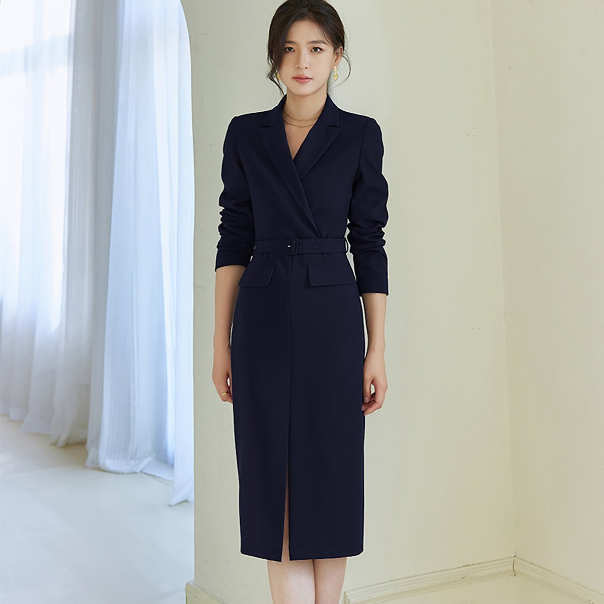 Pencil-Cut Coat Dress in Navy, S Pencil-Cut Coat Dress in Navy, S