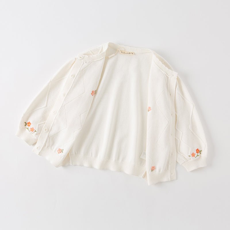 Petal Collar Flower Embroidery Cable Knitted Ivory Cardigan - 0cm