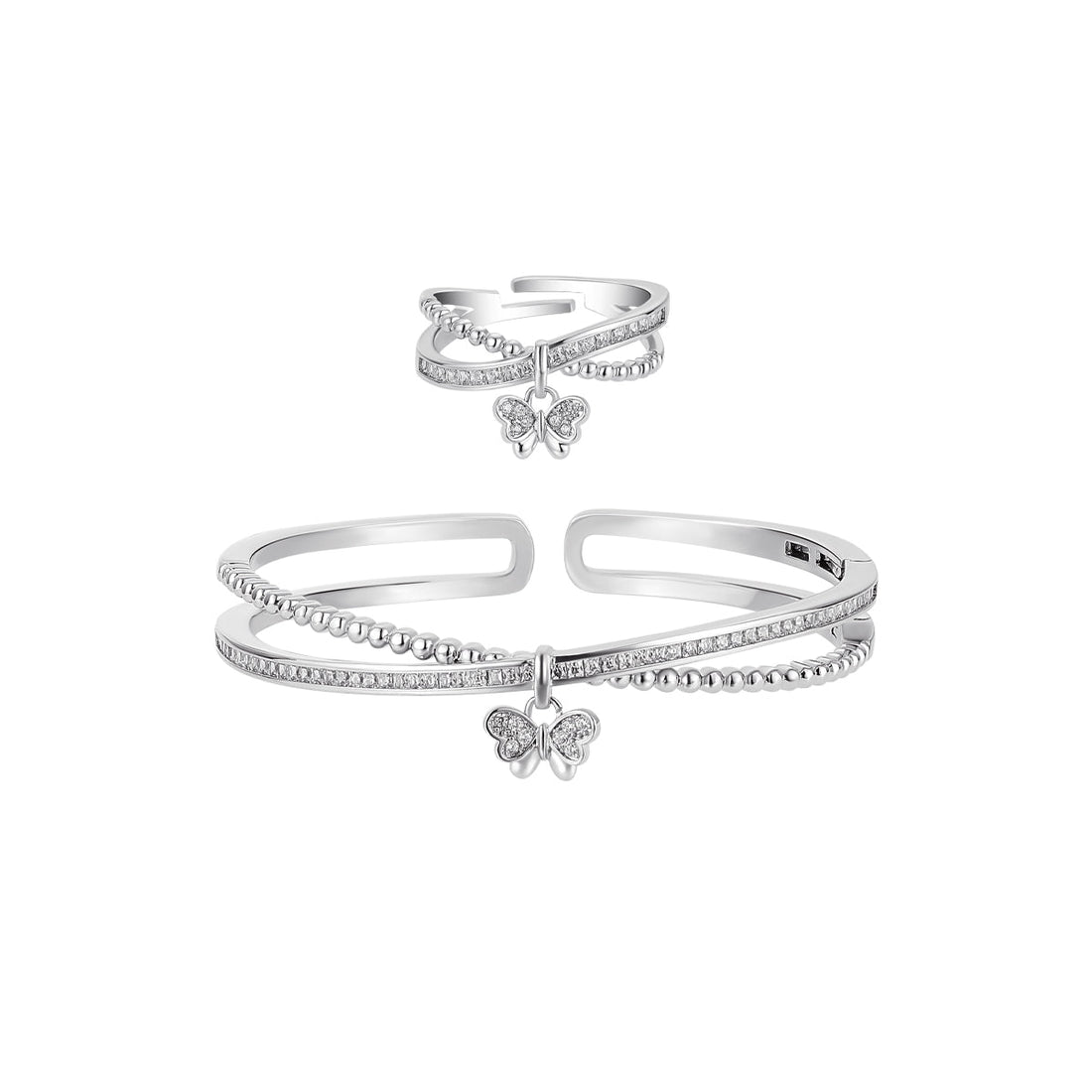 Phantasmal Butterfly Double Open Cuff Silver Bangle &amp; Ring Set - 0cm