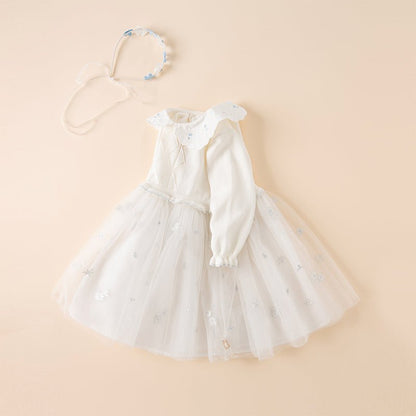Pricess Girl Mesh Embroidery White Knitted Dress With Headband - 0cm
