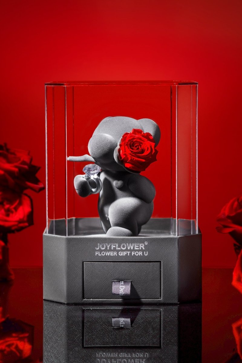 &quot;Proposal Bear on One Knee&quot; Eternal Flowers Rose Teddy Bear Acrylic Gift Box Set - 0cm