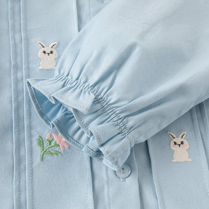 Rabbit Out Pleated Girl Peter Pan Collar Blue Shirt - 0cm