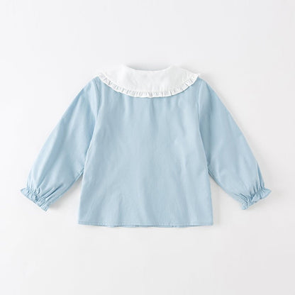 Rabbit Out Pleated Girl Peter Pan Collar Blue Shirt - 0cm