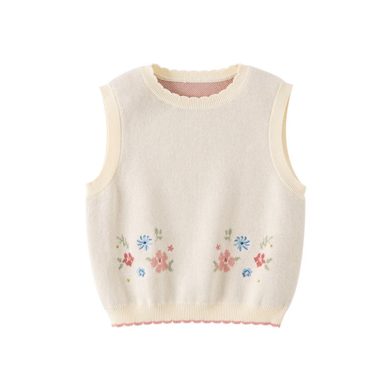 Scallop Edged Flower Embroidery Girl Beige Knitted Vest - 0cm