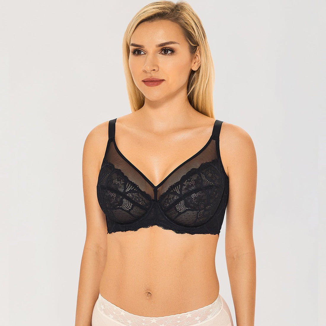 See-through Lace Sheer Unlined Minimizer Underwire Back Closure Black Bra - 0cm