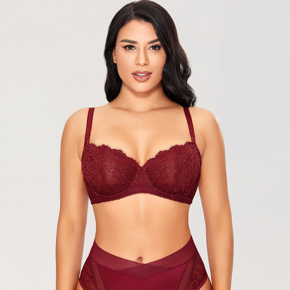 Sexy Lace Sheer Balconette Unlined Wine Push Up Bra - 0cm