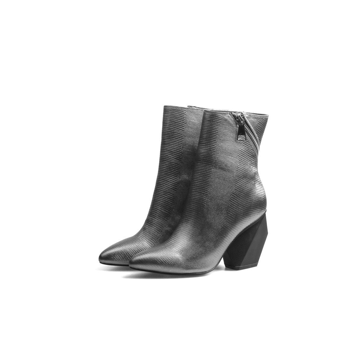 Slanted Zip Leather Gun Ankle Boots - 0cm