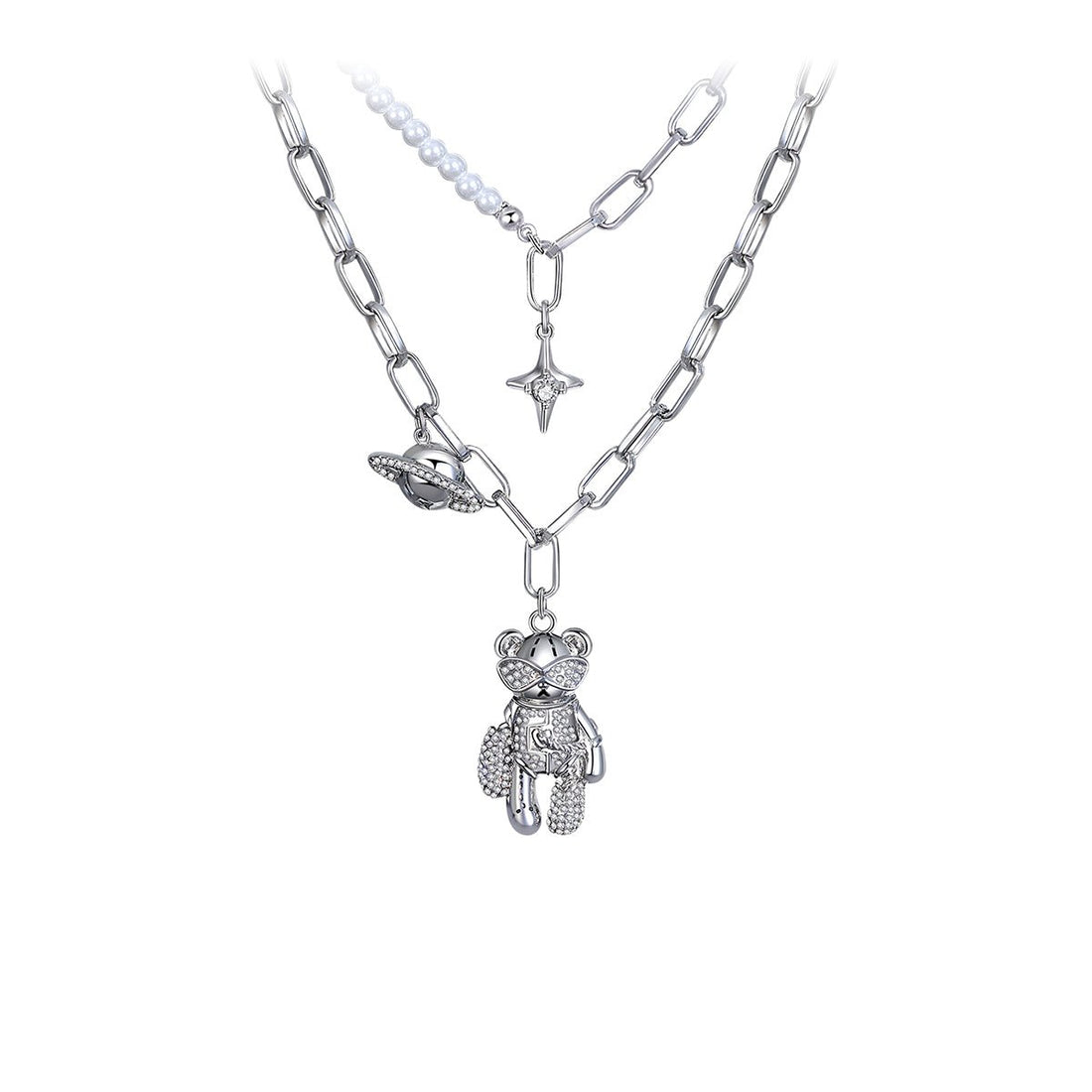 Space Travel Bear Silver Necklace - 0cm