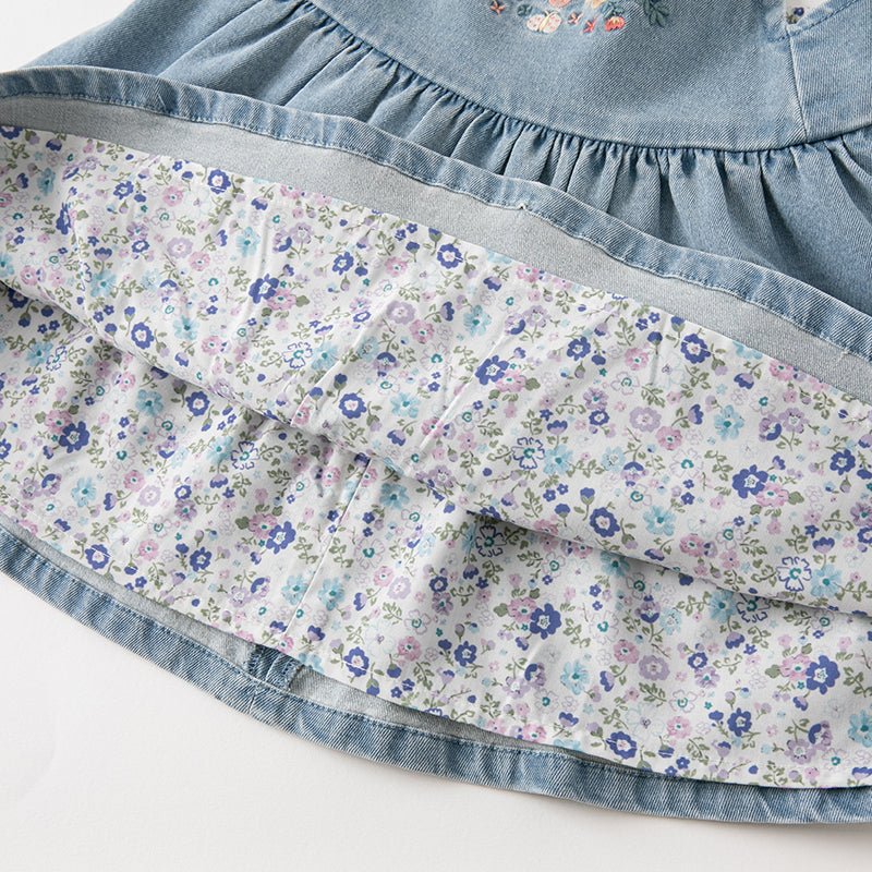 Spring Flower Embroidery Girl Blue Suspender Denim Dress - 0cm