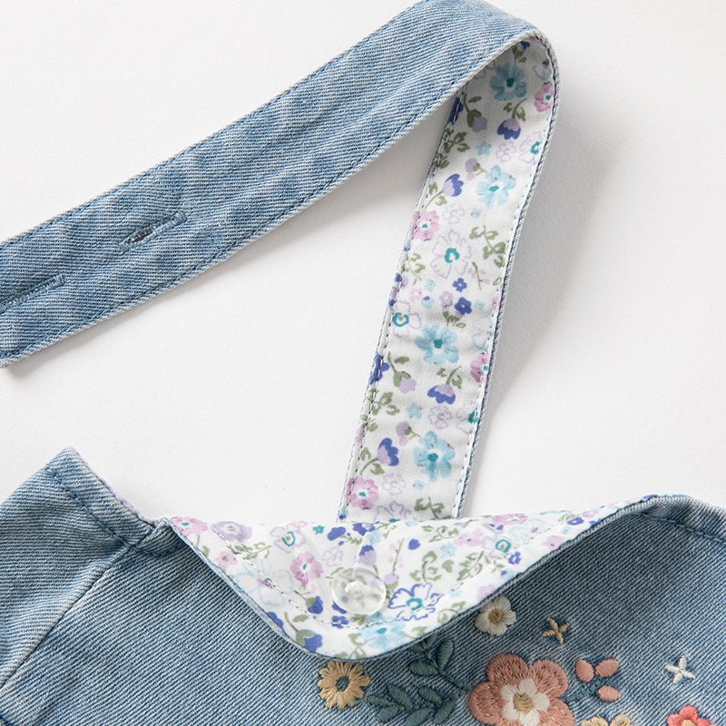 Spring Flower Embroidery Girl Blue Suspender Denim Dress - 0cm