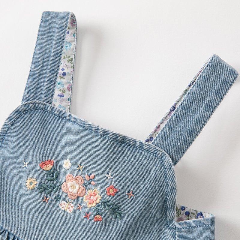 Spring Flower Embroidery Girl Blue Suspender Denim Dress - 0cm