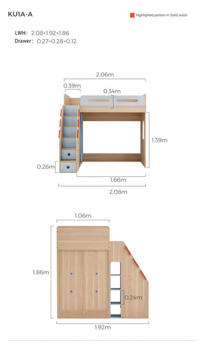 The Explorer 1.2m Boy Blue Loft Bed With Wardobe &amp; Ladder Cabinet &amp; Mattress Set - 0cm
