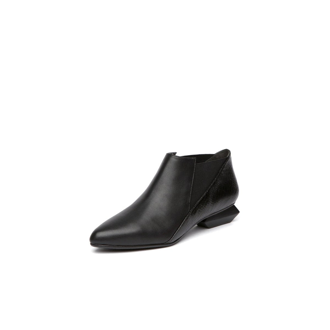 Tri-Style Trapezoidal Heel Leather Black Ankle Boots - 0cm