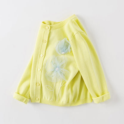 Tulle Flower Embroidery Girl Yellow Cardigan - 0cm