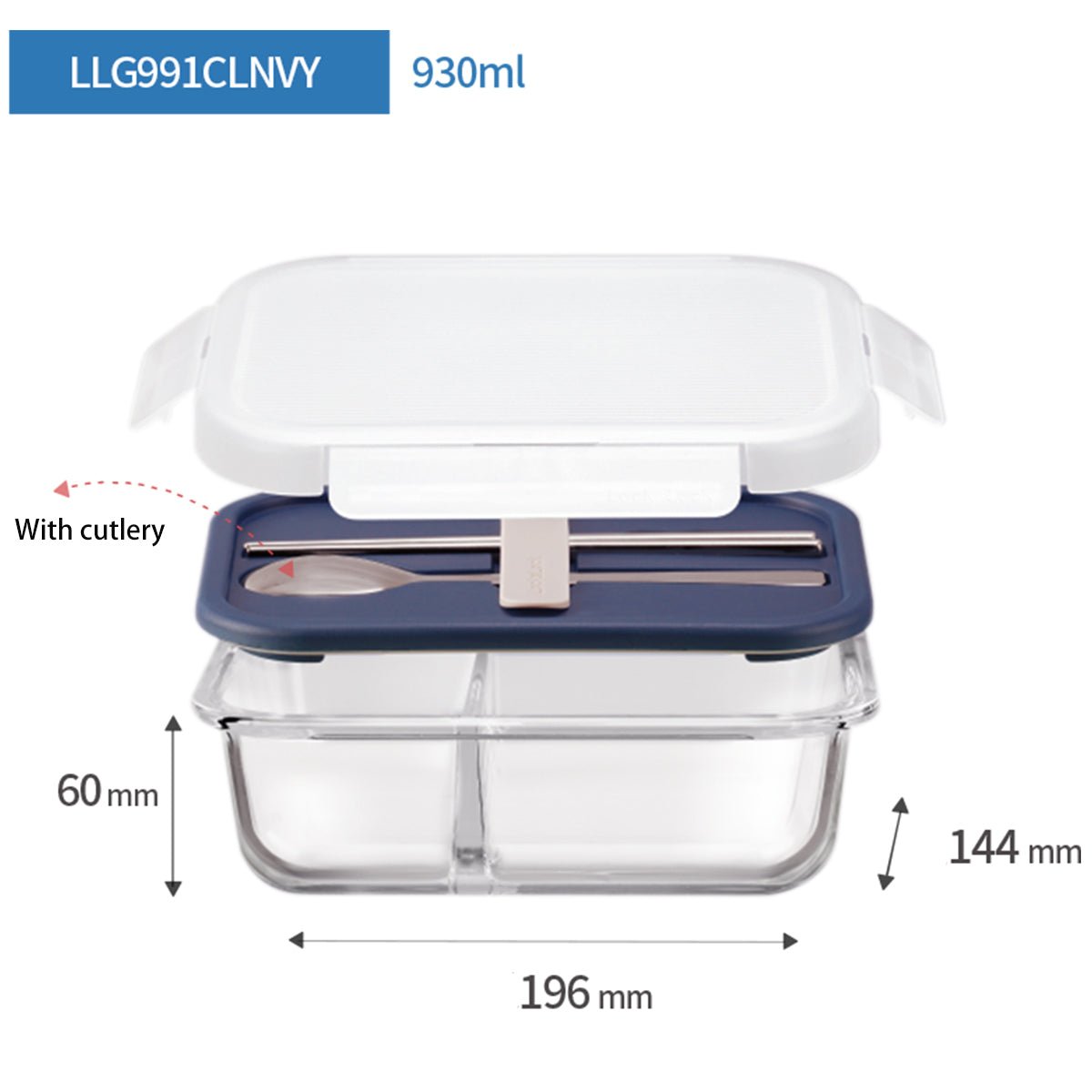 Two Compartment 930ml Microwave Oven Safe Navy Glass Lunch Box With Cutlery 0cm