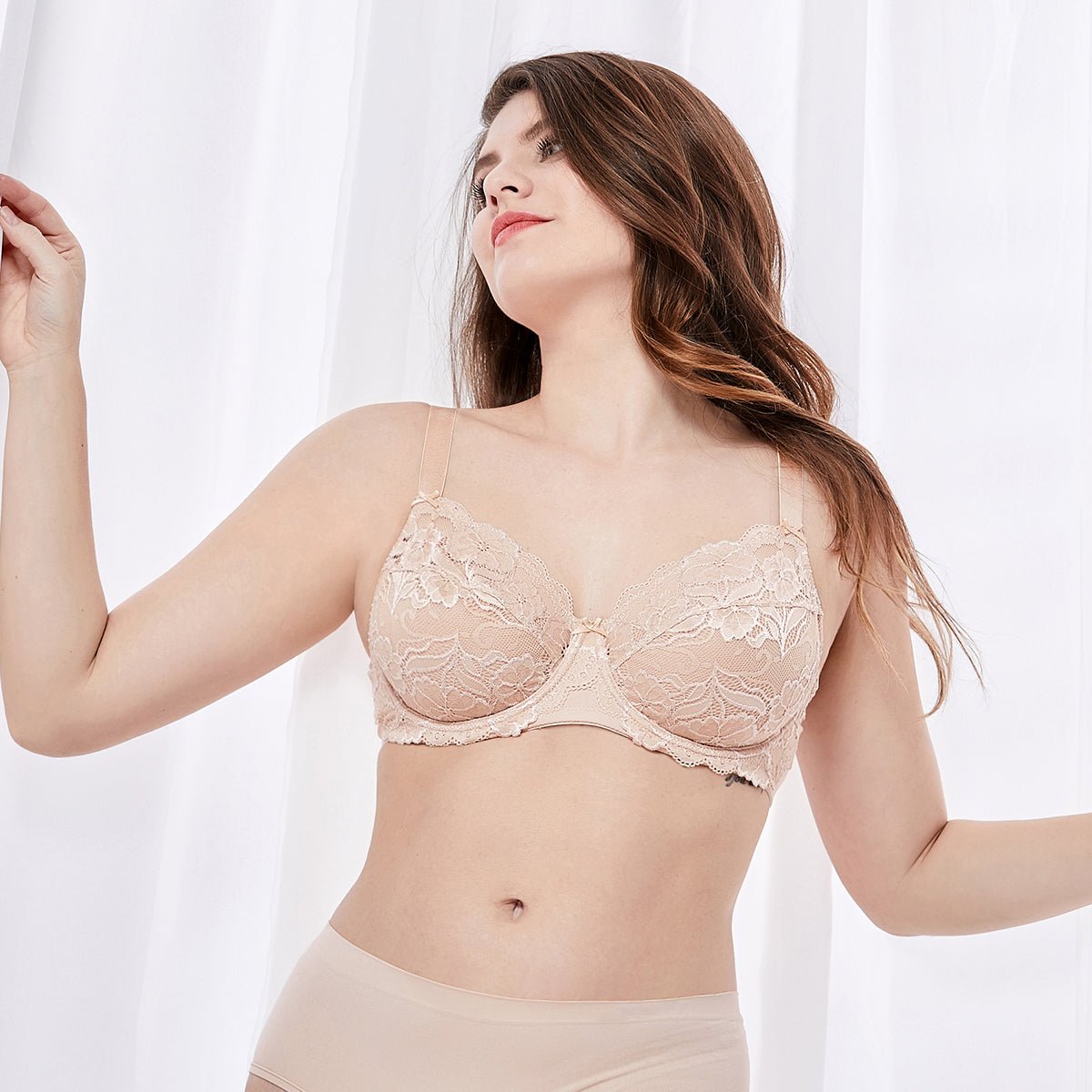 Unlined Underwire Plus Size Nude Full Coverage Lace Bra - 0cm