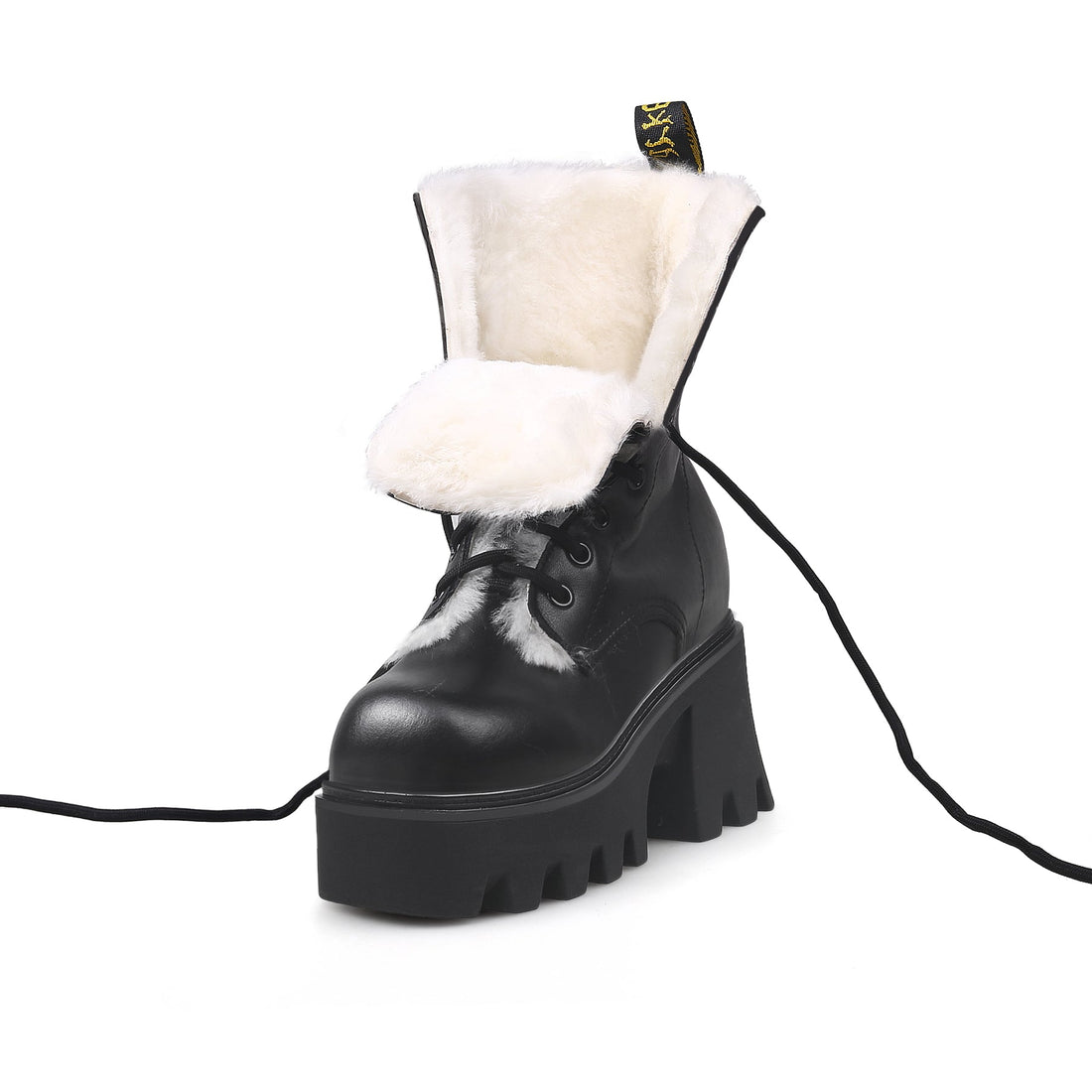 Warm Fluffy Black High Platform Boots - 0cm