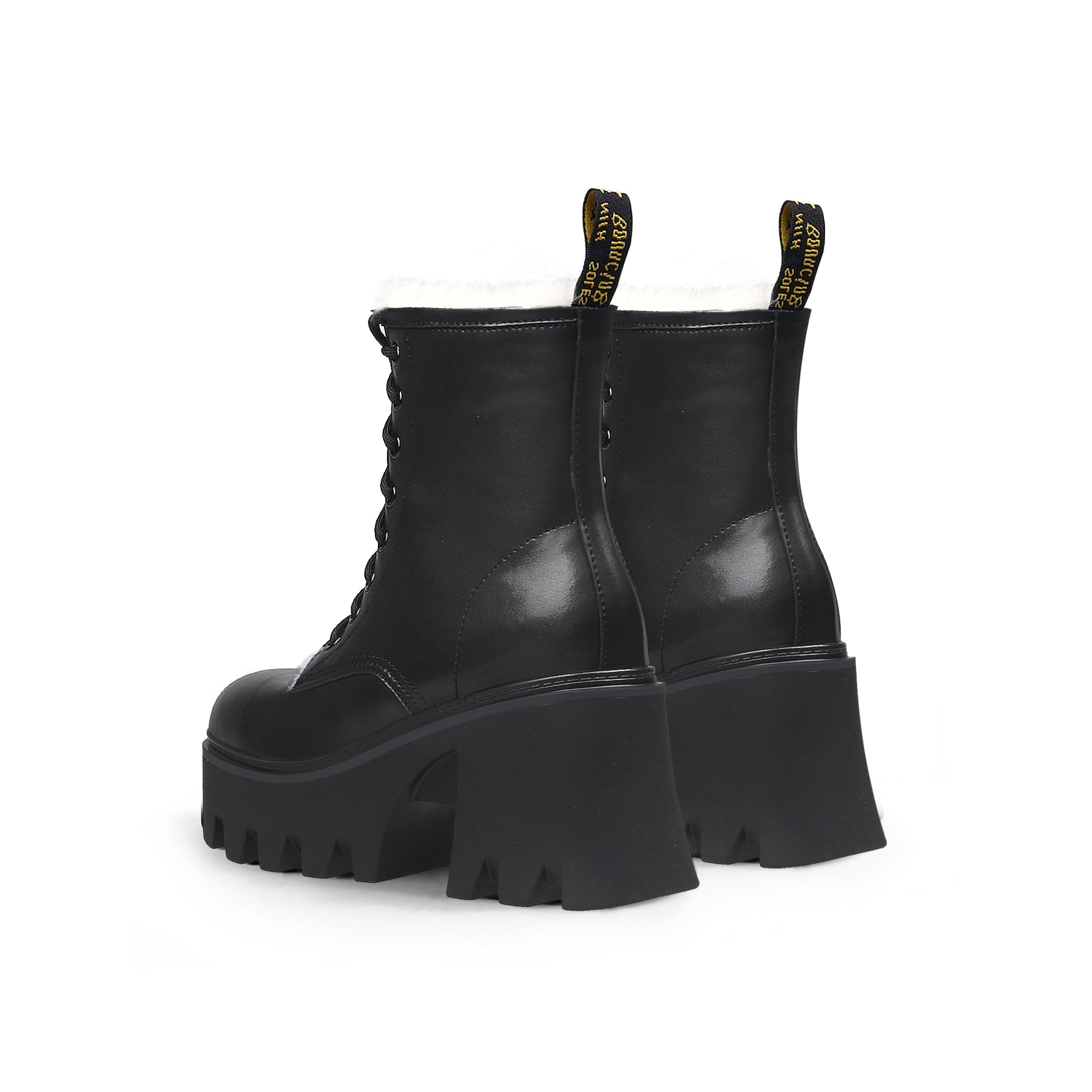 Warm Fluffy Black High Platform Boots - 0cm