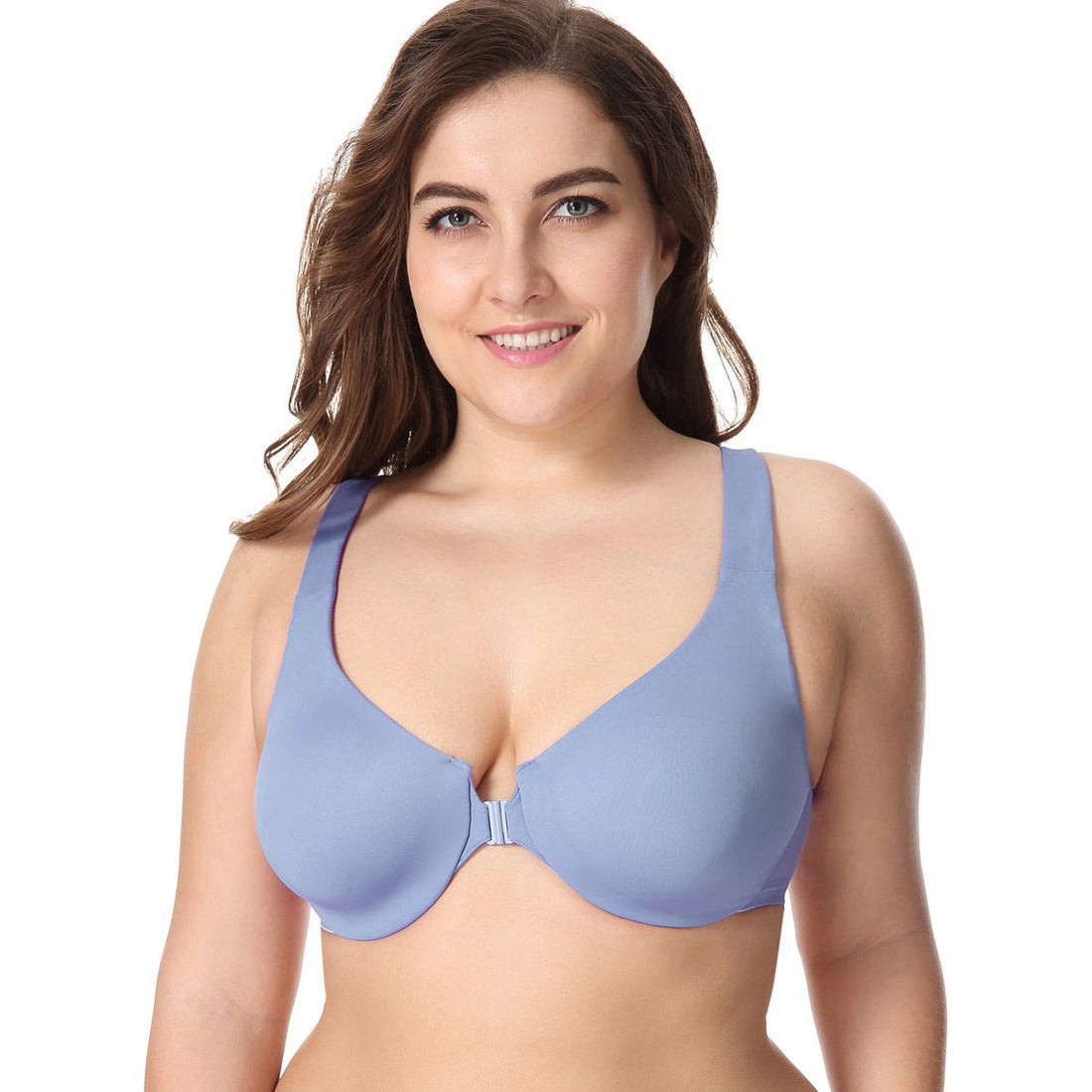 Wide Padded Straps Front Closure Underwire Plus Size Blue Full Coverage Bra - 0cm