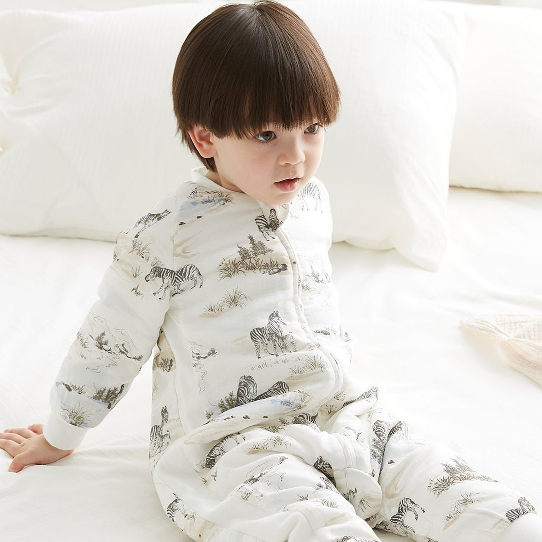 Zebra Field Long Sleeve Kids White One Piece Pyjama - 0cm