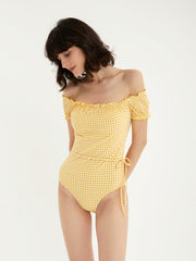 2-Way Off shoulder Yellow Gingham One Piece Swimsuit